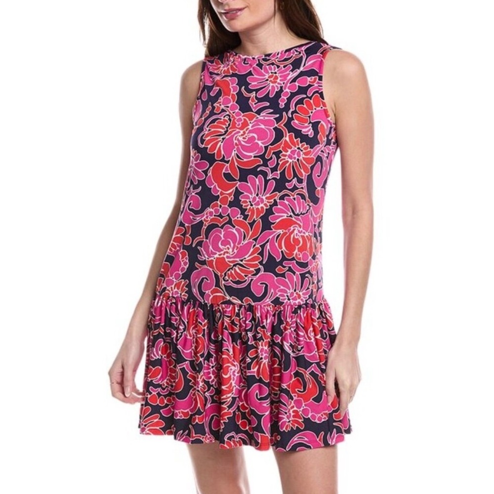 Trina Turk Jordyn ruffle hem scroll mini dress pink and navy floral print XS NWT